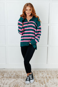 ONE ELEVEN NORTH Well Situated Striped Quarter Zip Sweater in Green and Pink