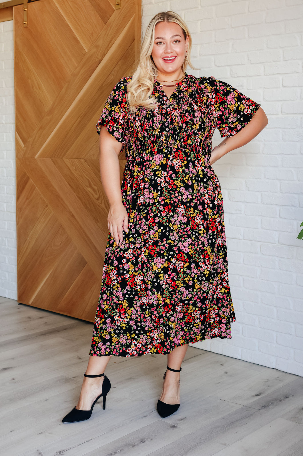POLAGRAM Wildflower and Barley V-Neck Button Up Dress