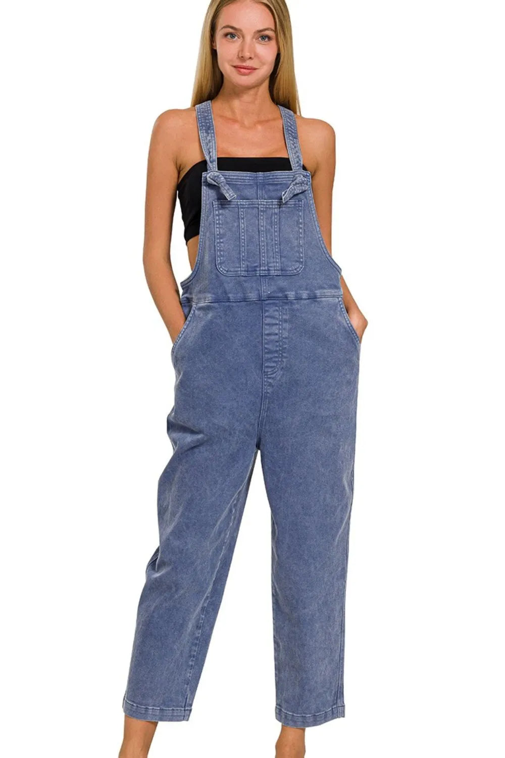 Washed Knot Strap Relaxed Fit Overalls