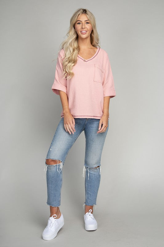 Nuvi Apparel Pocket v neck top with contrast stitch