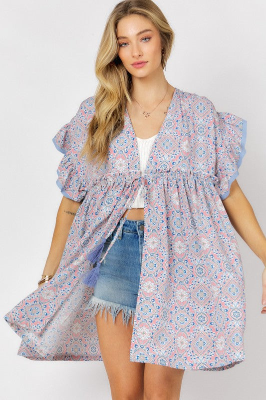 Davi & Dani PRINTED SHORT SLEEVE RUFFLE KIMONO