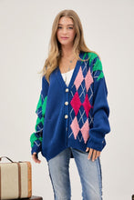Load image into Gallery viewer, Davi &amp; Dani Plush Argyle Button Front Loose Fit Knit Cardigan
