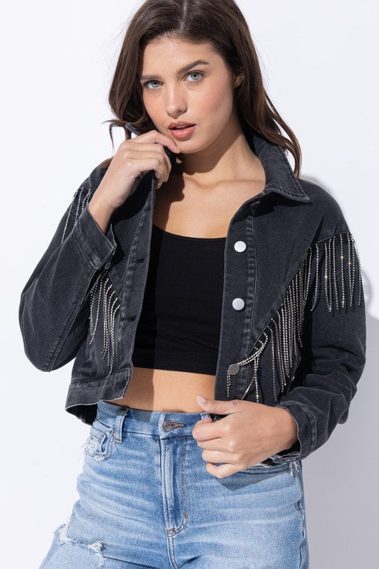 Sweet Generis CROP DENIM JACKET WITH RHINESTONE FRINGE