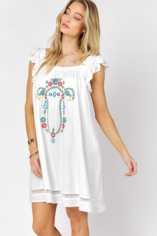 Davi & Dani EMBROIDERED SQUARE NECK MINI DRESS