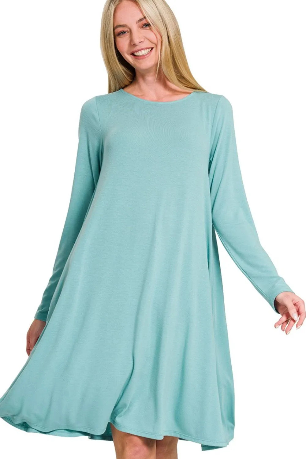 Long Sleeve Flare Dress With Pockets Front
