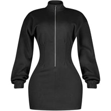 Load image into Gallery viewer, Zip Up Bodycon V Neck Long Sleeve Trendy Mini Dress, Large, 8H-190D004