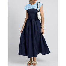 Load image into Gallery viewer, Smocked Cap Sleeve Crew Neck A Line Flowy Dress, BLUE, SMALL, 8I-146D001