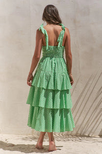 Sleeveless Gingham Print Tiered Midi Dress Back