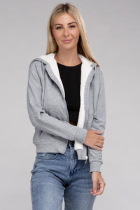 Ambiance Apparel Fuzzy Trim Zip-Up Crop Hoodie