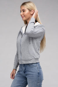 Ambiance Apparel Fuzzy Trim Zip-Up Crop Hoodie