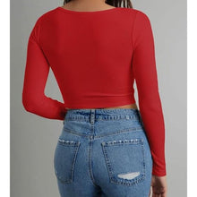 Load image into Gallery viewer, Long Sleeve Scoop Neck V Notch Ribbed Slim Fitted Crop Top, SMALL, 2C-167T003