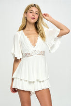 Load image into Gallery viewer, One and Only Collective Inc Flutter Sleeved Short Romper with Crochet Trim