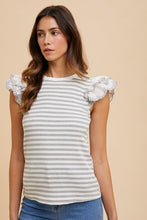 Load image into Gallery viewer, Annie Wear Ruffled Striped Round Neck Cap Sleeve Knit Top