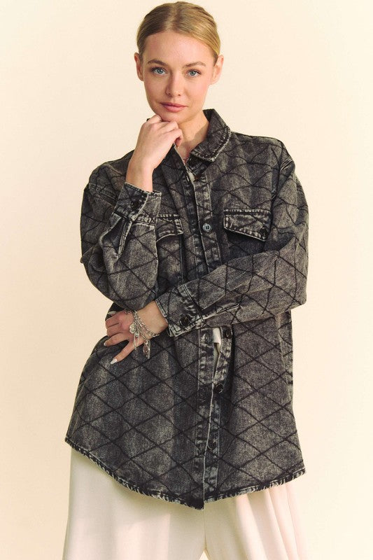 Curved Hem Diamond Quilted Button Up Denim Shacket Front