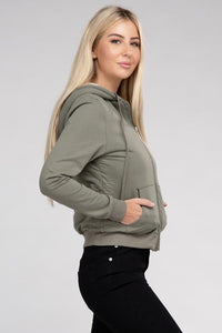 Ambiance Apparel Fuzzy Trim Zip-Up Crop Hoodie