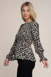 Nuvi Apparel Allover Floral Shirred Peplum Blouse