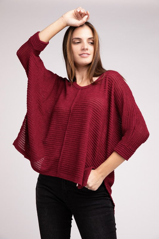 ZENANA 3/4 Sleeve V-Neck Hi-Low Hem Jacquard Sweater