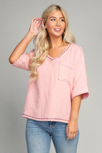 Nuvi Apparel Pocket v neck top with contrast stitch