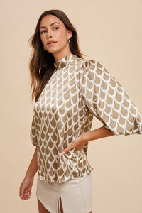 Annie Wear Tie Back Abstract Print Mock Neck Half Sleeve Blouse