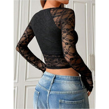 Load image into Gallery viewer, Lace Sheer Mesh Ruched Square Neck Long Sleeve Crop Top, XS, 15C-194T004