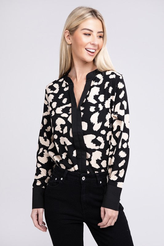 Nuvi Apparel Leopard Notched Neck Blouse