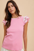 Load image into Gallery viewer, Annie Wear Ruffled Striped Round Neck Cap Sleeve Knit Top