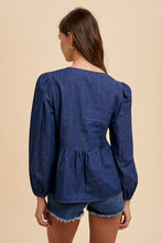 Load image into Gallery viewer, Annie Wear Tie Front Peplum Long Sleeve Denim Top