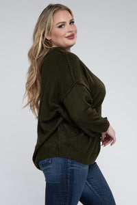 ZENANA Plus Oversized Round Neck Raw Seam Melange Sweater