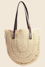Load image into Gallery viewer, Straw Braided Rounded Tote Bag Beige with brown strp