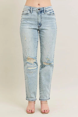 Judy Blue Full Size Mr Repair Stitch Detail Destroy Single Cuff Bf Jeans Plus Size