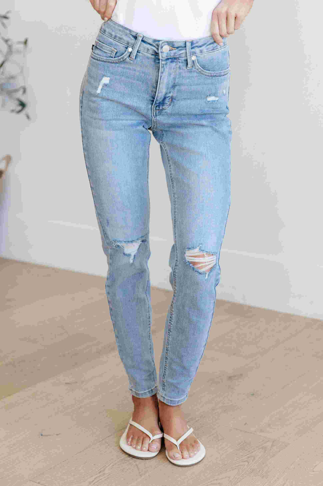 Judy Blue Eloise Mid Rise Control Top Distressed Skinny Jeans