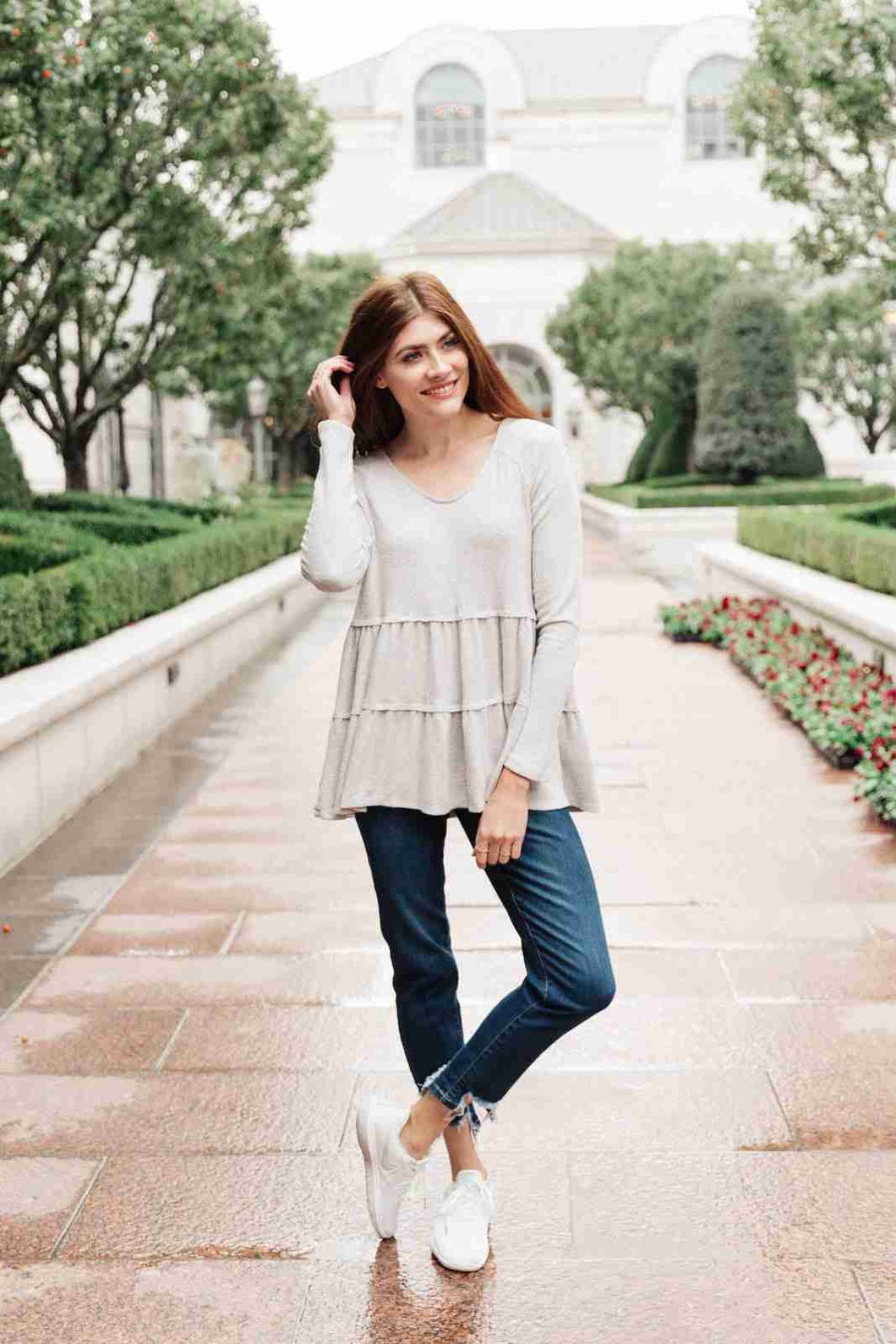 143 Story Nicely Done Tiered Top in Gray