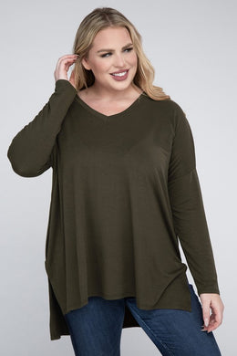 ZENANA Plus Dolman Sleeve V-Neck Side Slit Hi-Low Hem Top