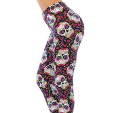 Load image into Gallery viewer, BUTTERY SMOOTH FLORAL PETAL SUGAR SKULL LEGGINGS, 15J-L075