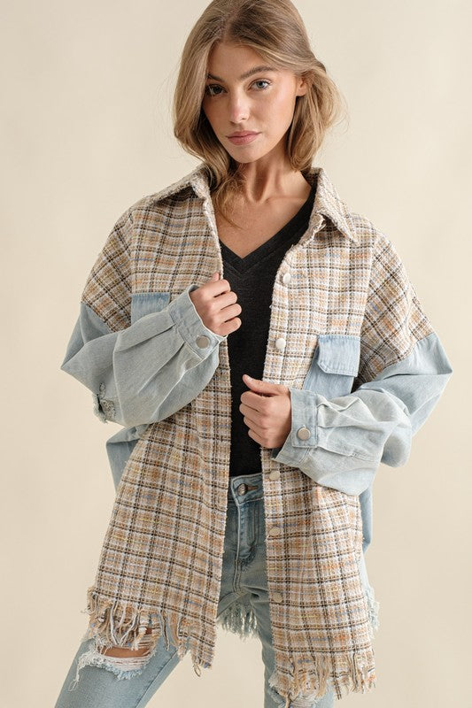 Sweet Generis TWEED MIXED DENIM JACKET SHACKET WITH FRINGED HEM