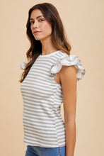 Load image into Gallery viewer, Annie Wear Ruffled Striped Round Neck Cap Sleeve Knit Top