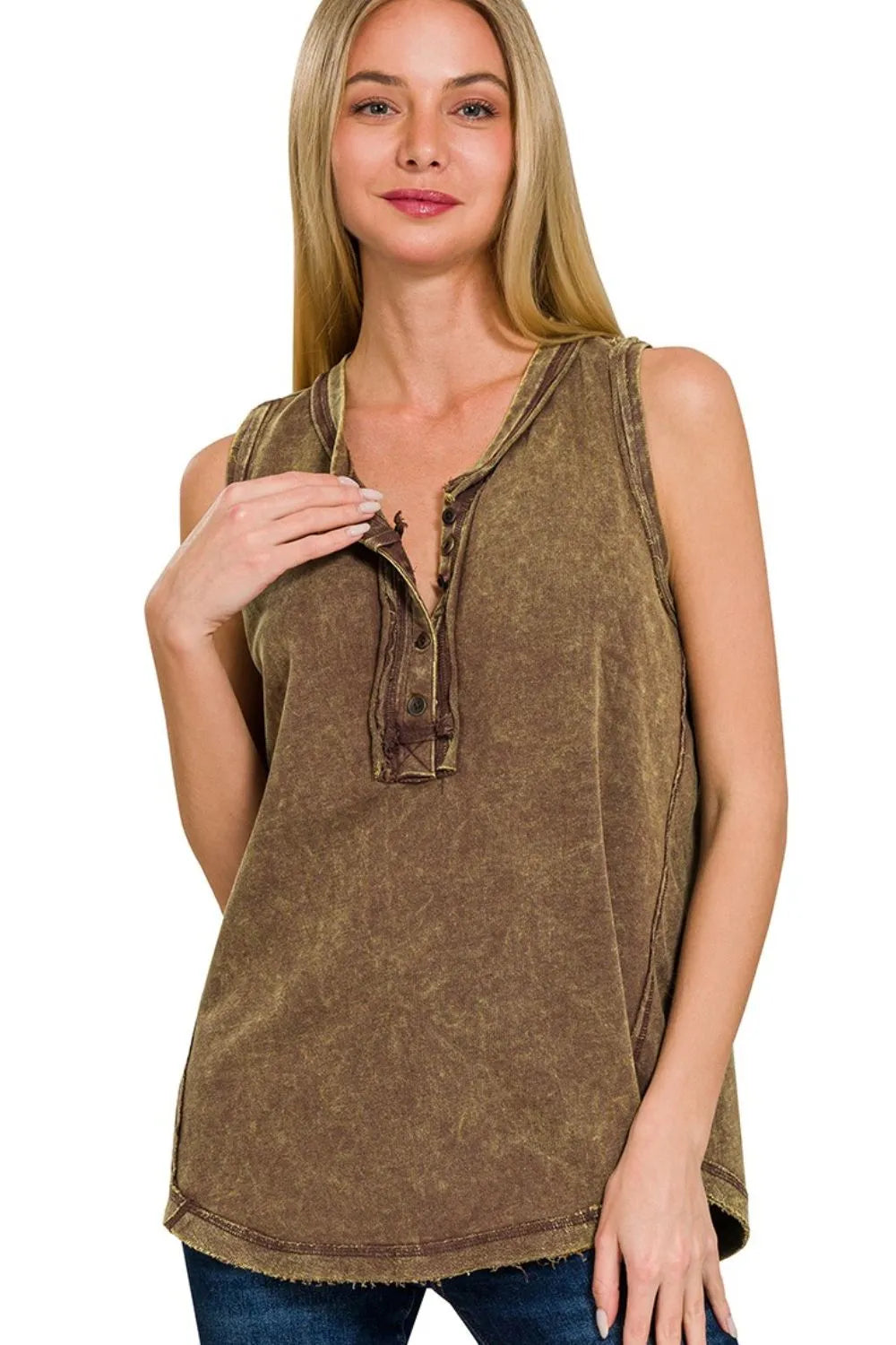 Washed Half-Button Raw Edge Sleeveless Henley Top