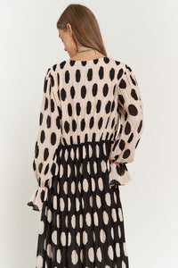 Davi & Dani Polka Dot Ruffled Long Sleeve Pleated Maxi Dress