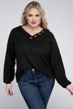 ZENANA Plus Brushed Waffle V-Neck Button Detail Sweater