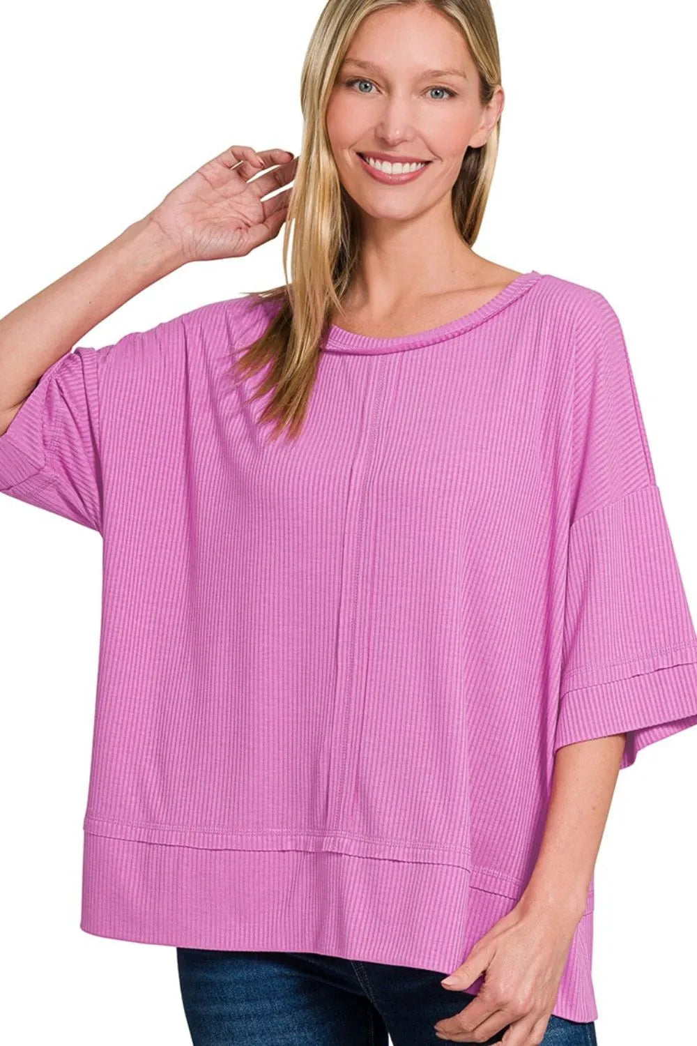  Ribbed Boat Neck 3/4 Sleeve Top Front