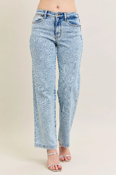 High Waist Stone Wash Straight Jeans Front