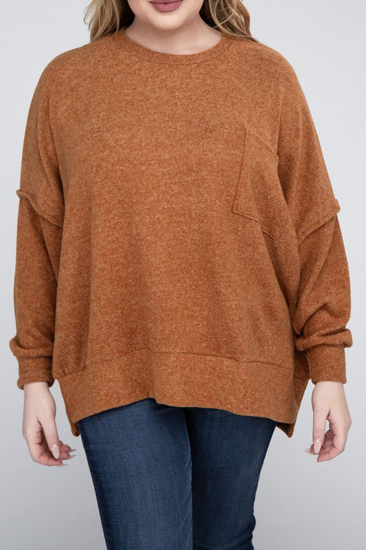 ZENANA Plus Brushed Melange Drop Shoulder Sweater