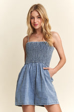 Load image into Gallery viewer, ADORA Smocked Spaghetti Strap Denim Romper