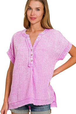 Washed Double Gauze 3/4 Button Henley Neck Shirt