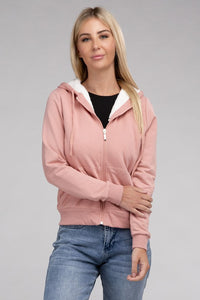 Ambiance Apparel Fuzzy Trim Zip-Up Crop Hoodie