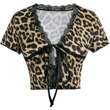 Load image into Gallery viewer, Y2k Lace Leopard Print Tee Crop Top, SZ XS, 5C-152T007
