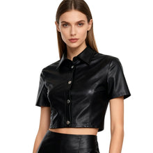 Load image into Gallery viewer, PU Leather Button Down Short Sleeve Crop Top, MEDIUM, 8O146T006