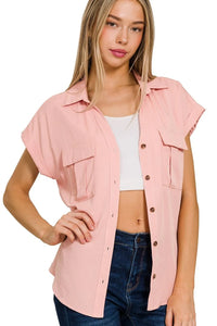 V-neck Collared button down Top W Front Flap Pockets front