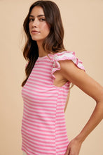 Load image into Gallery viewer, Annie Wear Ruffled Striped Round Neck Cap Sleeve Knit Top