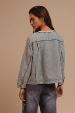 Load image into Gallery viewer, BiBi Mineral Washed Checkered Round Neck Denim Top